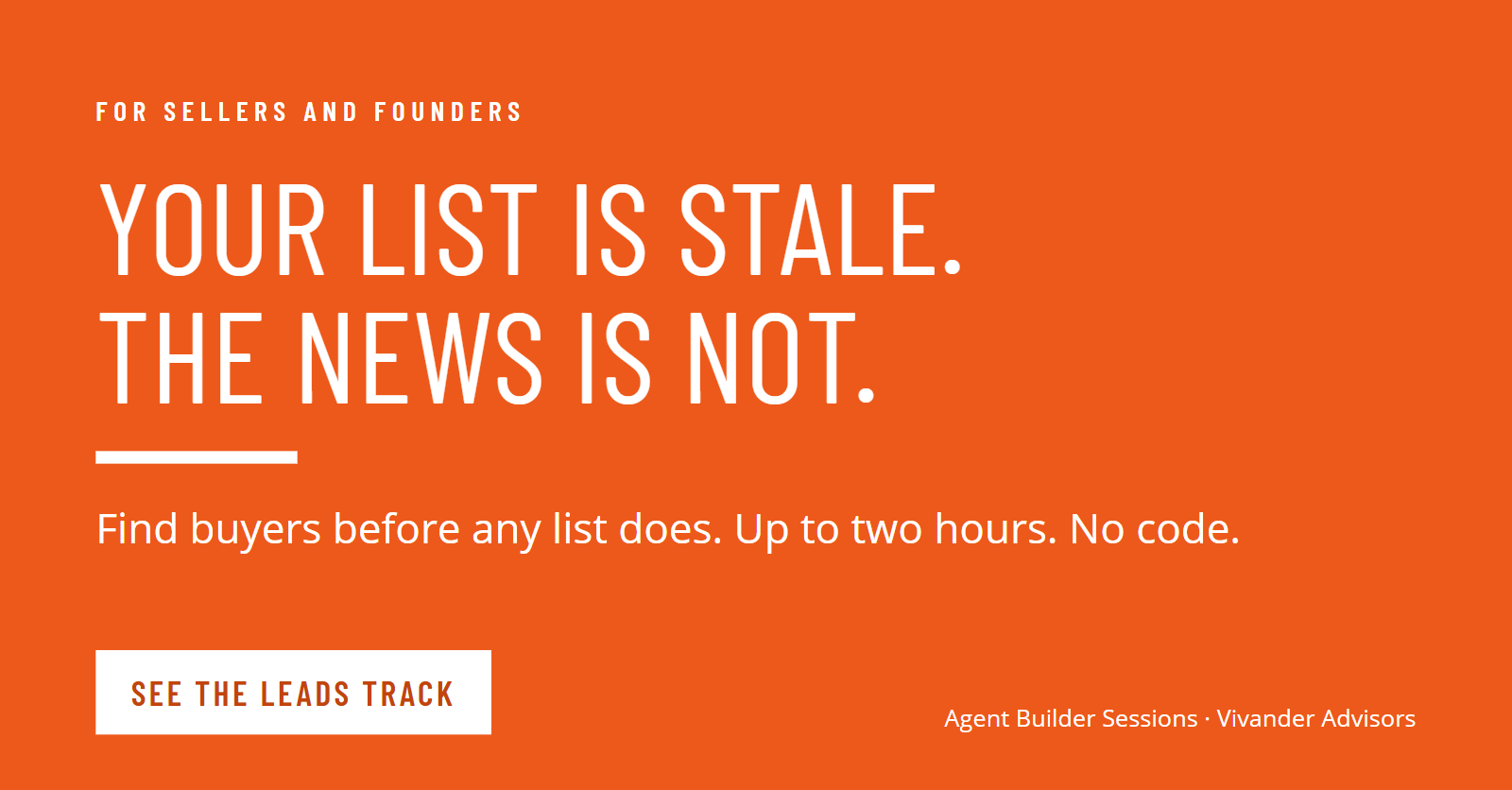 Agent Builder Sessions promotional card for the Find Hidden Sales Leads track, showing the two-hour build offer.