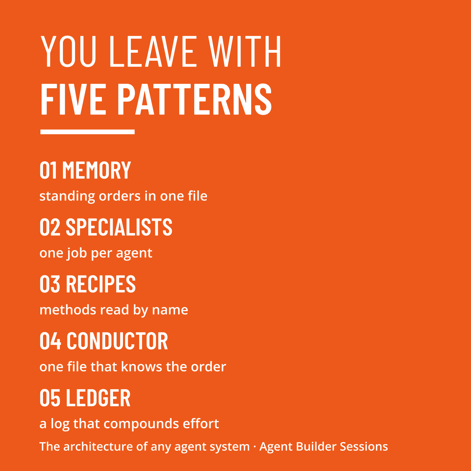 Square graphic naming the five agent-system patterns: Memory, Specialists, Recipes, Conductor, and Ledger.